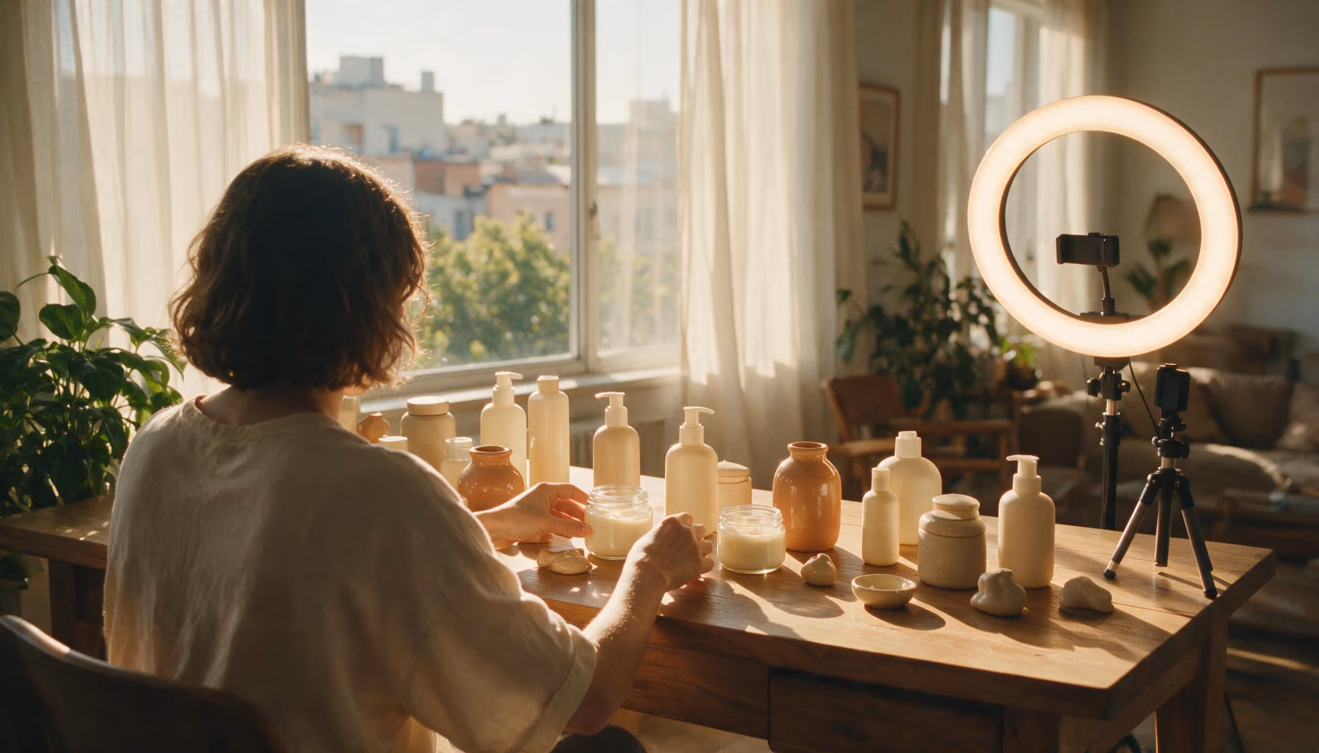 Morning light in an apartment, a creator arranging products by the window