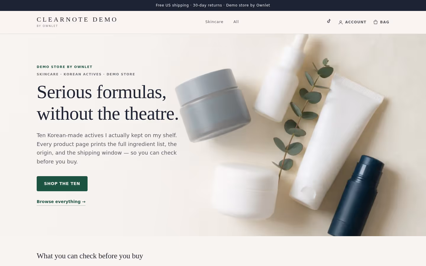 Desktop view of the clearnote-demo.ownlet.shop demo storefront