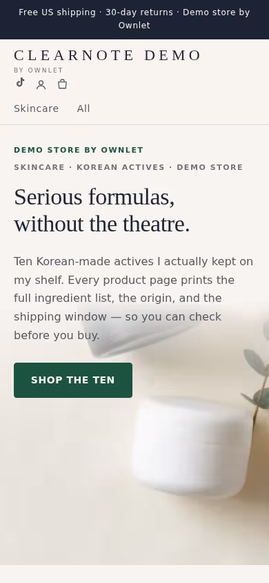 Mobile view of the clearnote-demo.ownlet.shop demo storefront