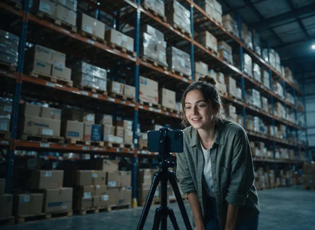 A creator livestreaming on a phone, dwarfed by warehouse shelves of someone else’s products