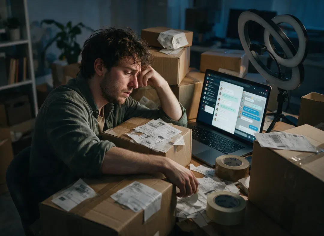 An exhausted creator alone at night, buried under shipping boxes, labels and support chats
