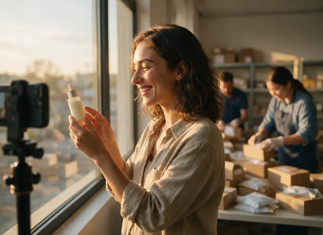 A relaxed creator filming a product video in warm light while a fulfilment team packs parcels behind her