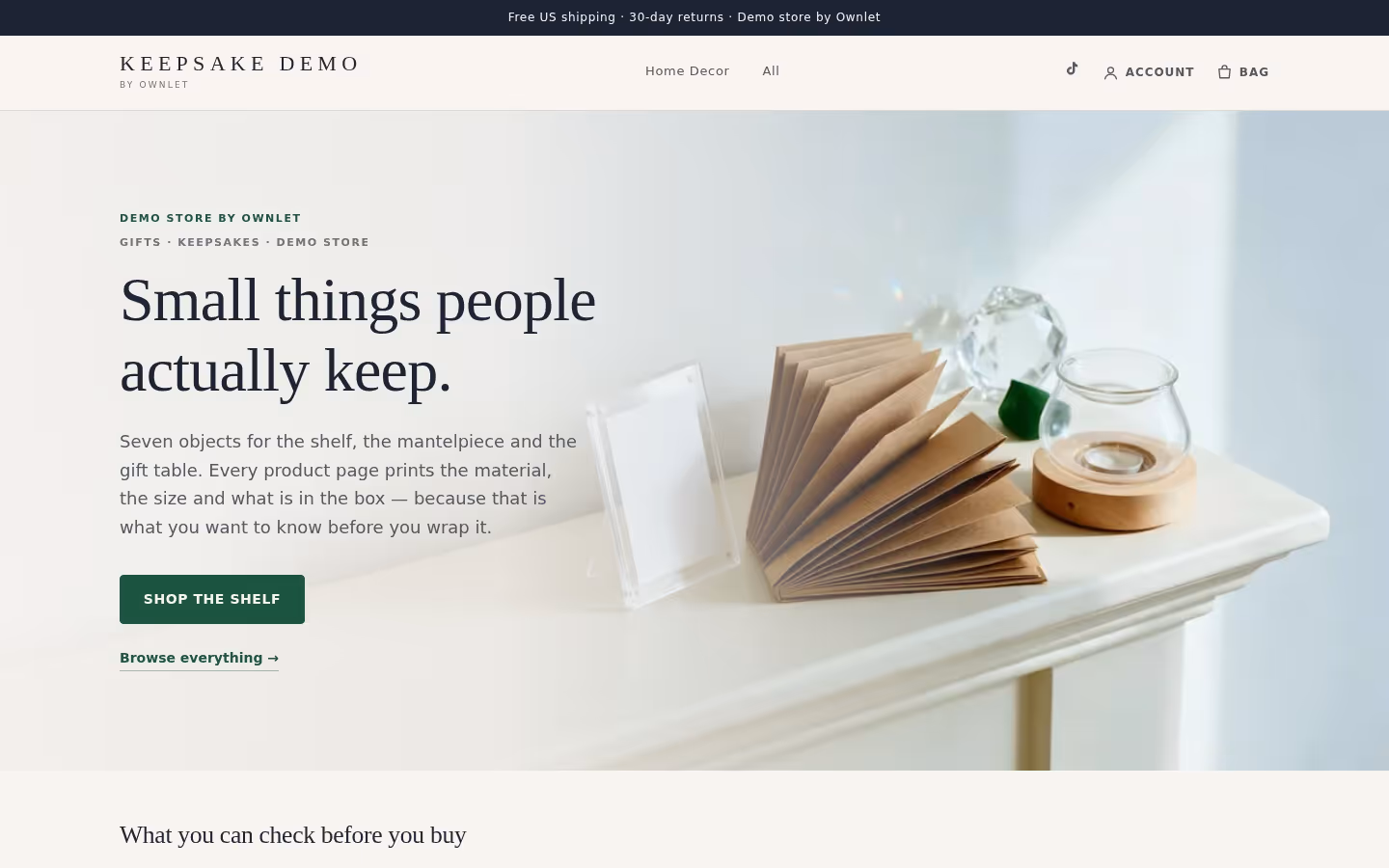 Desktop view of the keepsake-demo.ownlet.shop demo storefront