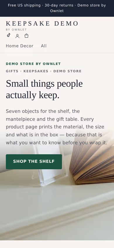 Mobile view of the keepsake-demo.ownlet.shop demo storefront