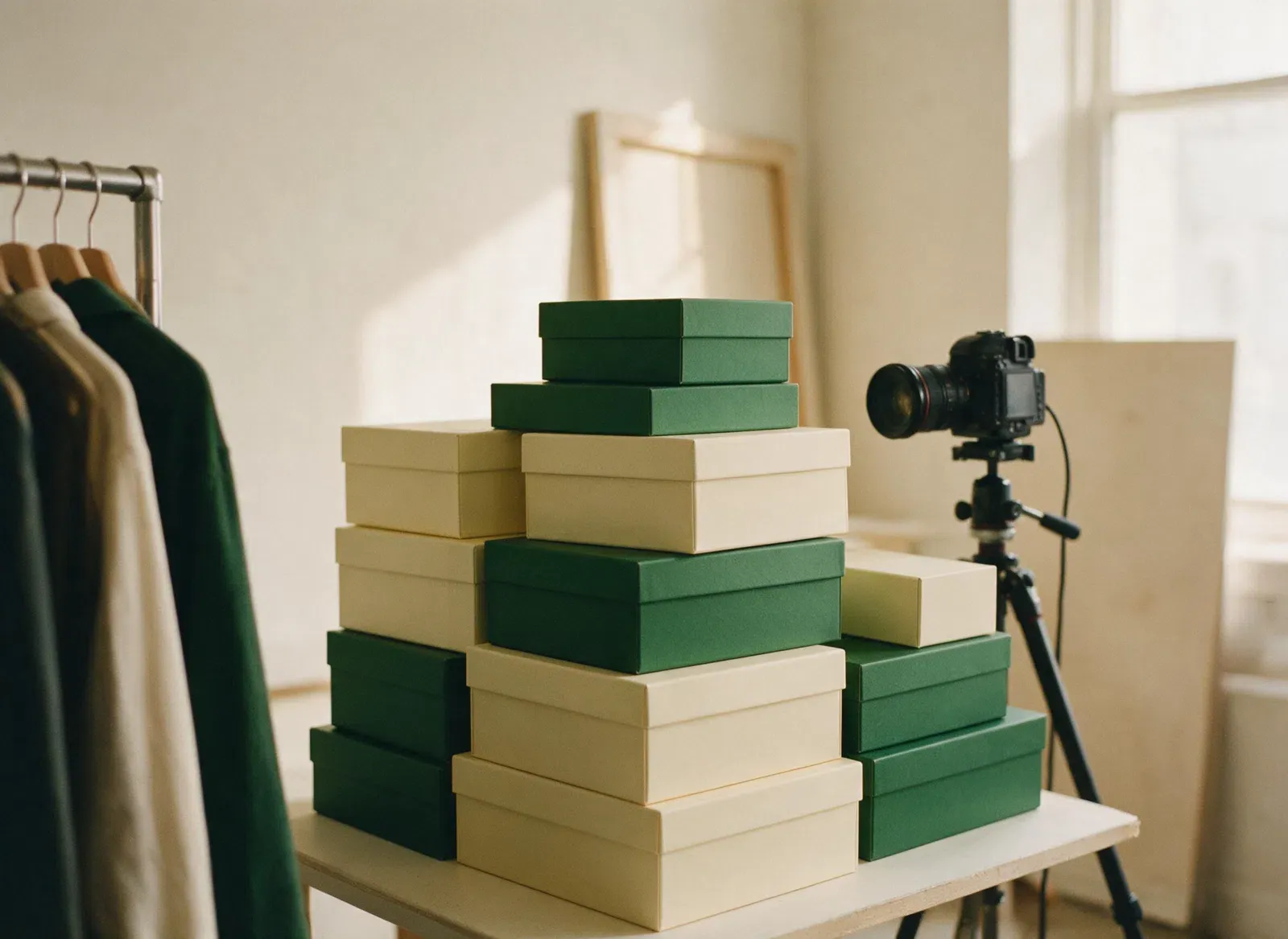 A boutique studio corner with stacked packaging, a garment rack and a camera
