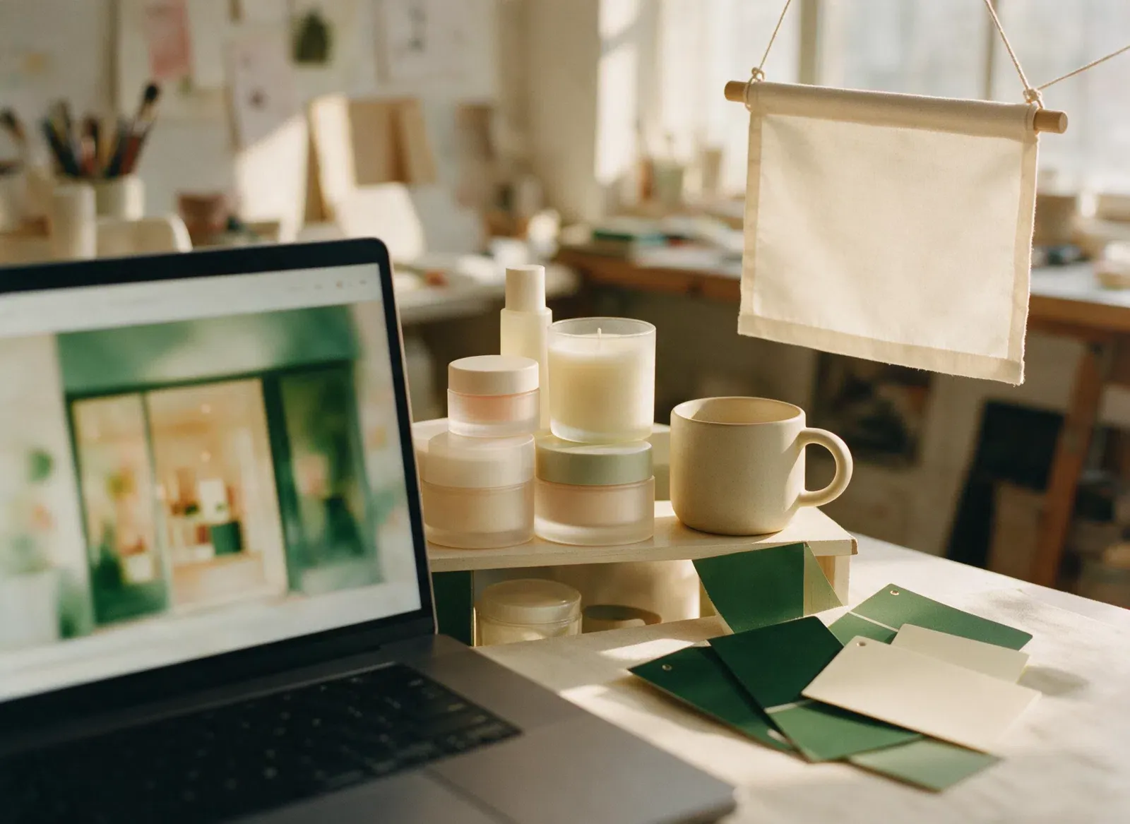 A workspace taking shape as a personalised shop: laptop, curated shelf and swatches