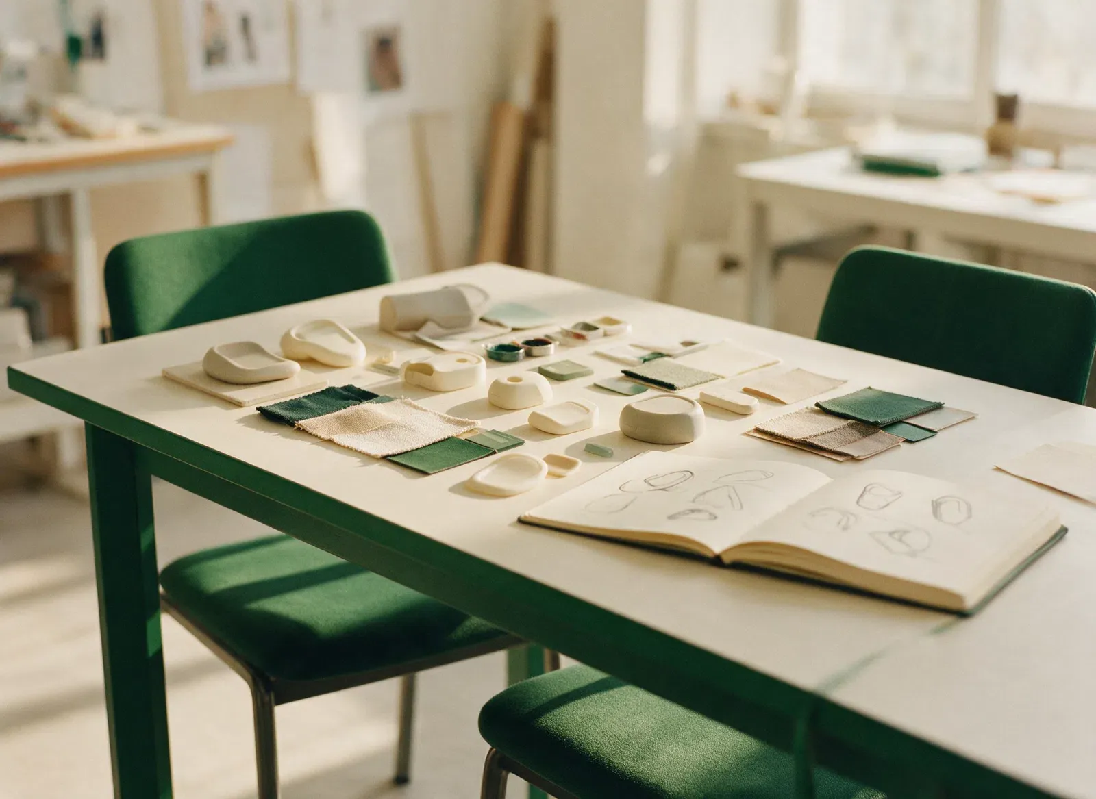 A product development table with prototype samples, swatches and a sketchbook