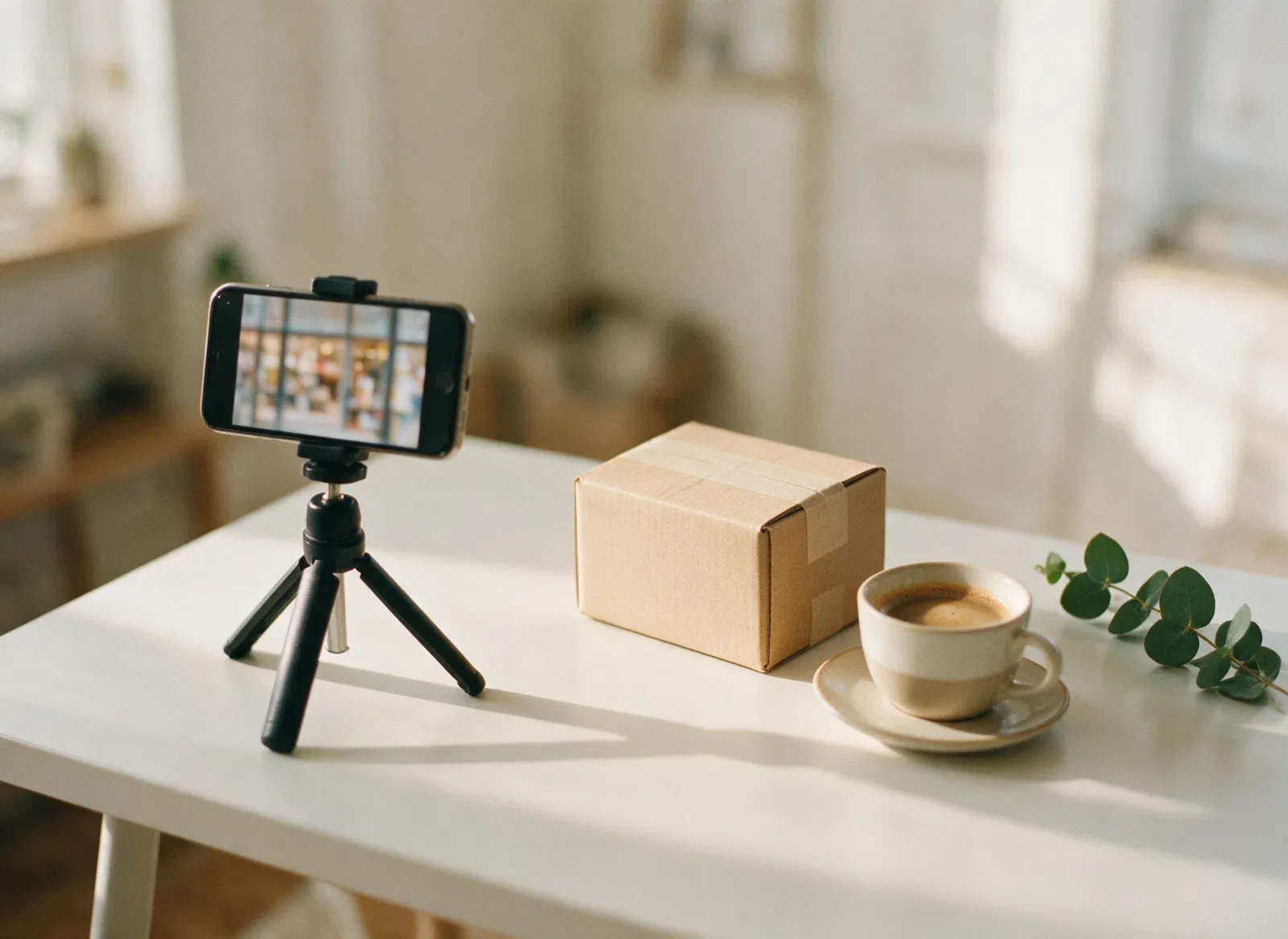 A creator's desk on day one: a phone on a tripod, a first parcel and a coffee