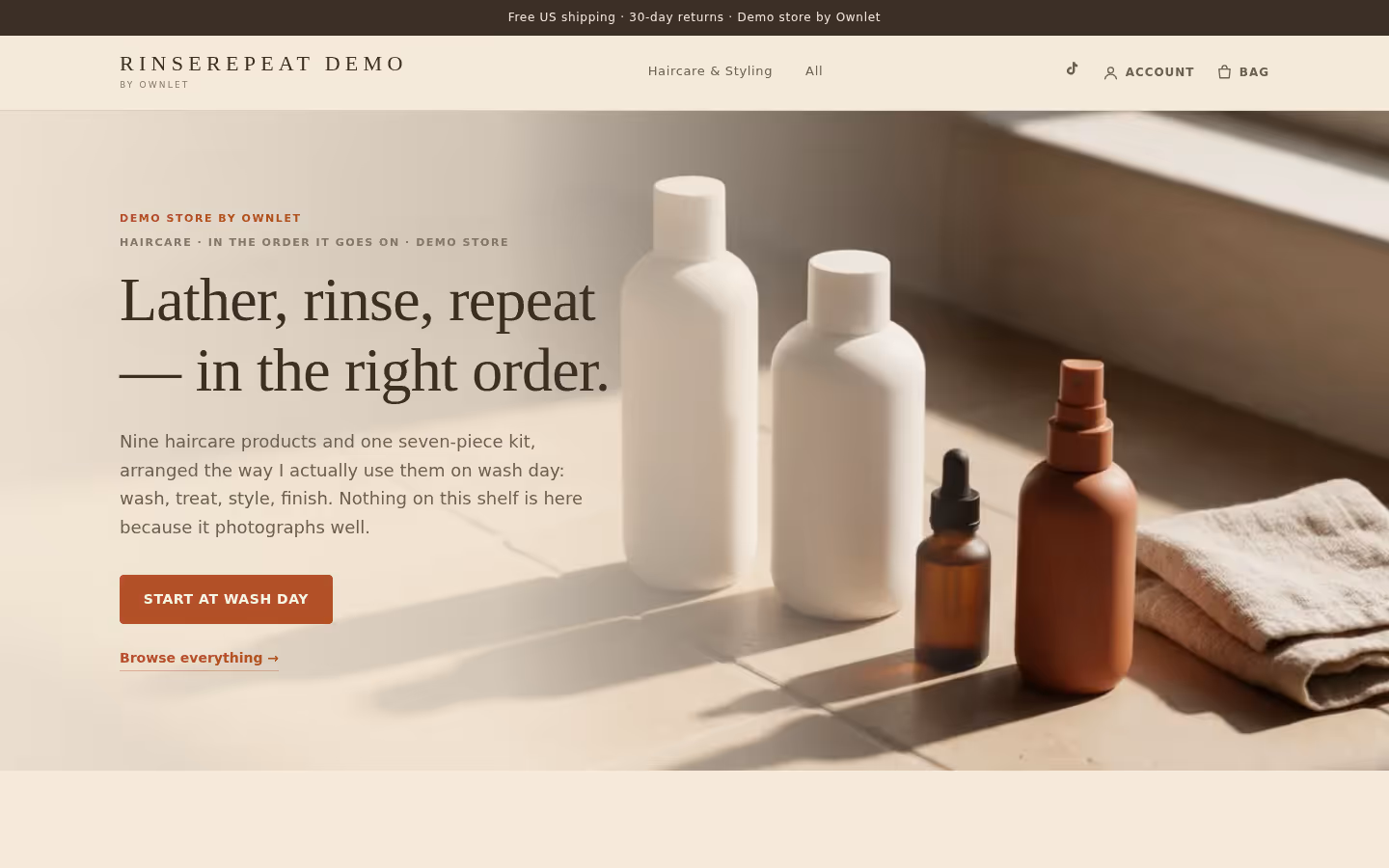 Desktop view of the rinserepeat-demo.ownlet.shop demo storefront