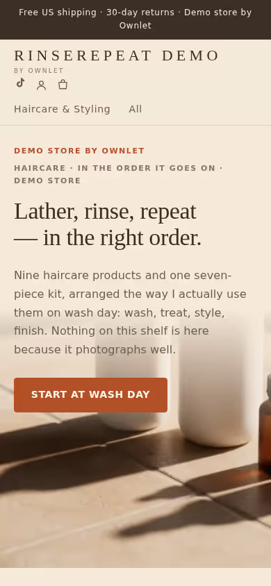Mobile view of the rinserepeat-demo.ownlet.shop demo storefront