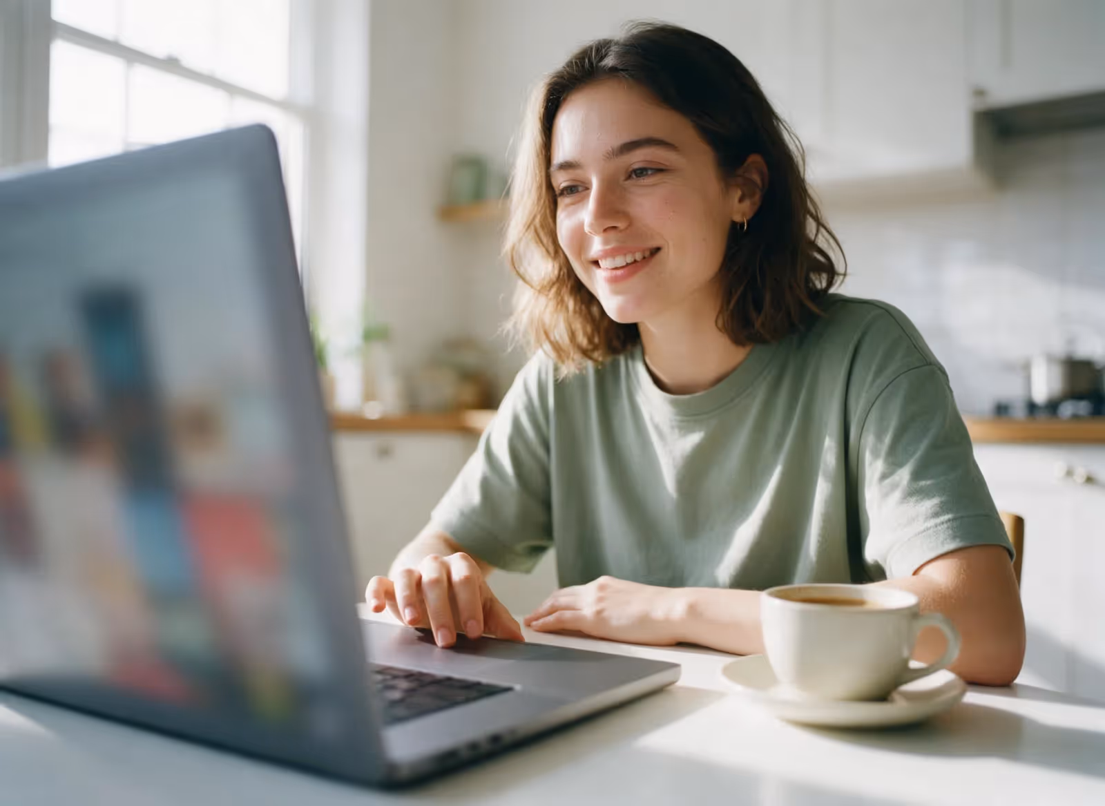 A creator at a kitchen table confirming on a laptop