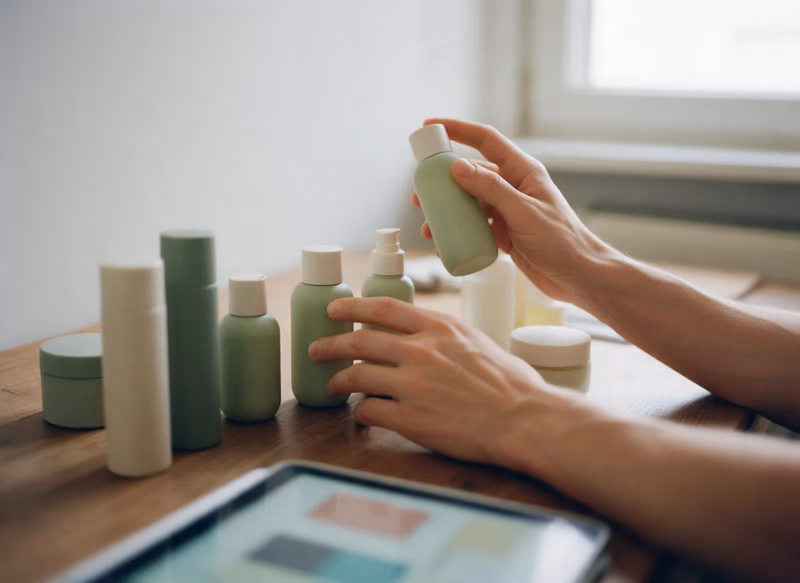 Hands choosing between unbranded product bottles on a table
