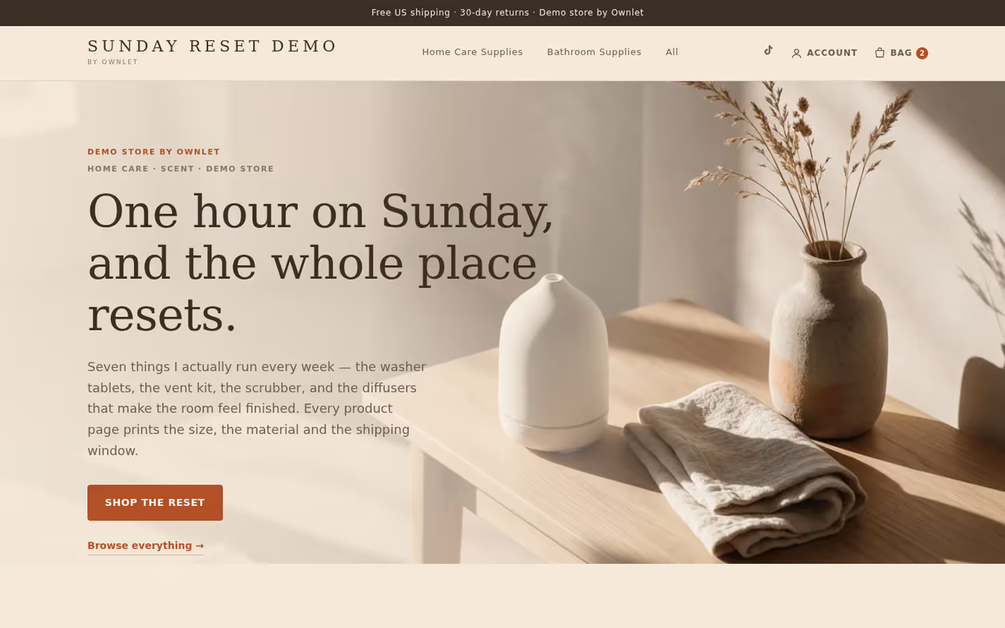 Desktop view of the sundayreset-demo.ownlet.shop demo storefront
