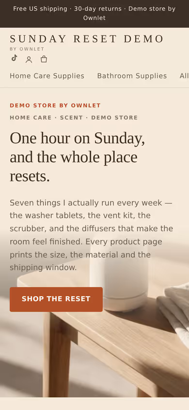 Mobile view of the sundayreset-demo.ownlet.shop demo storefront