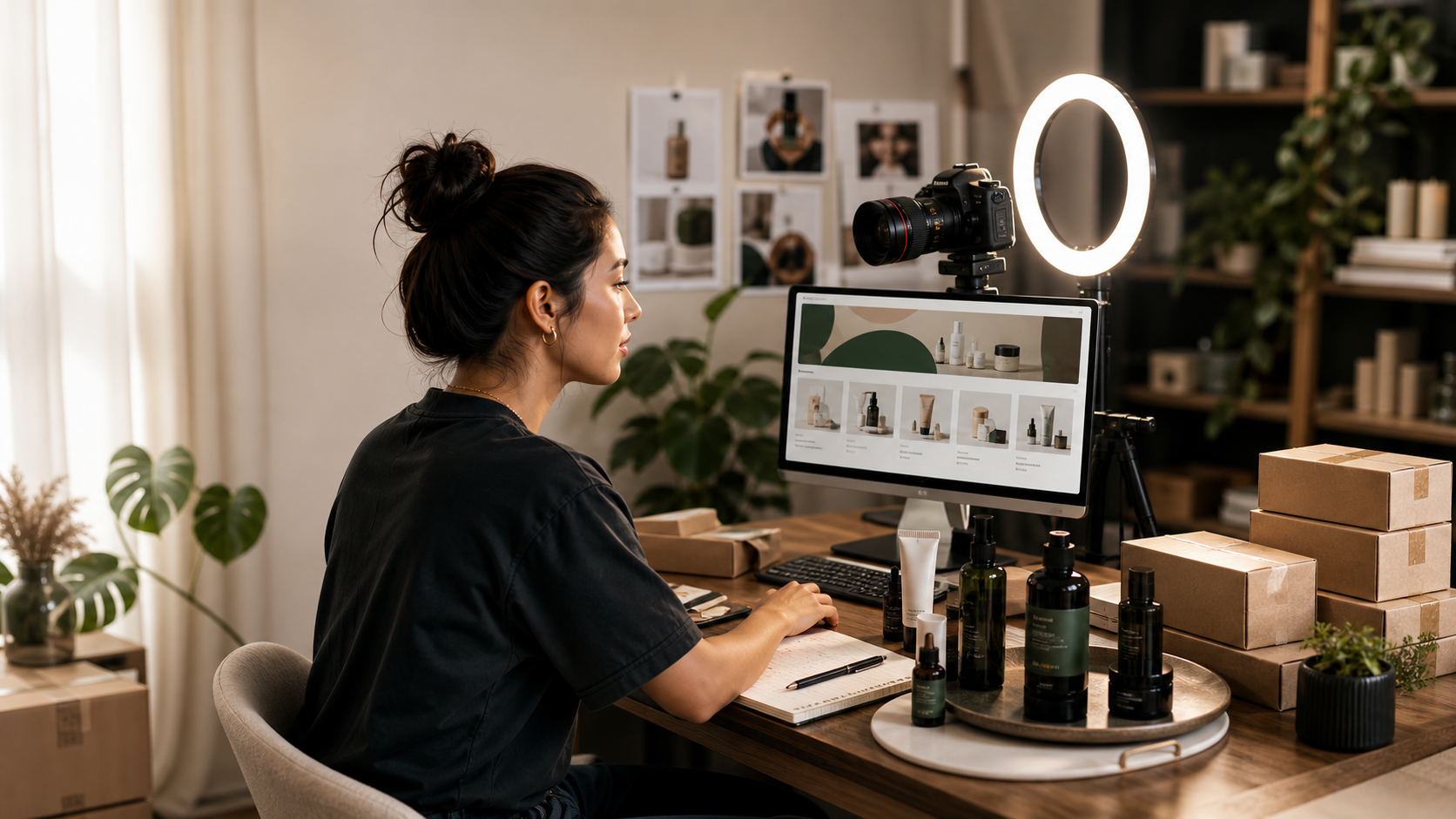 Creator filming products in a home studio with a camera, ring light, products, and shipping boxes