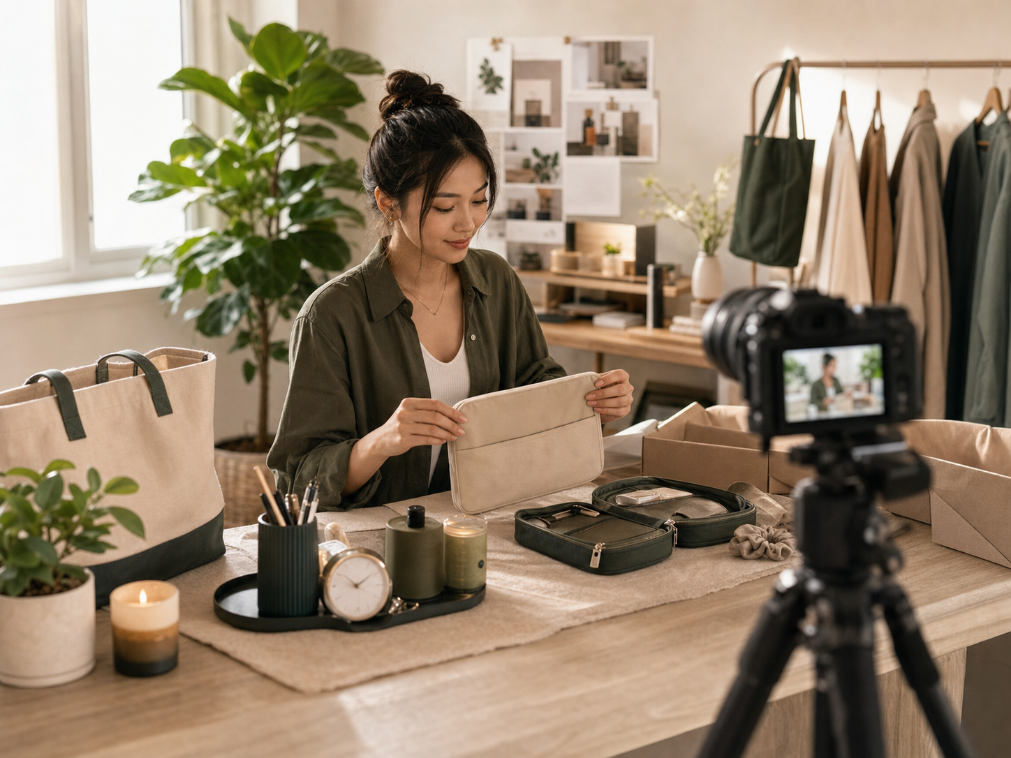 Home and travel creator arranging lifestyle products for content