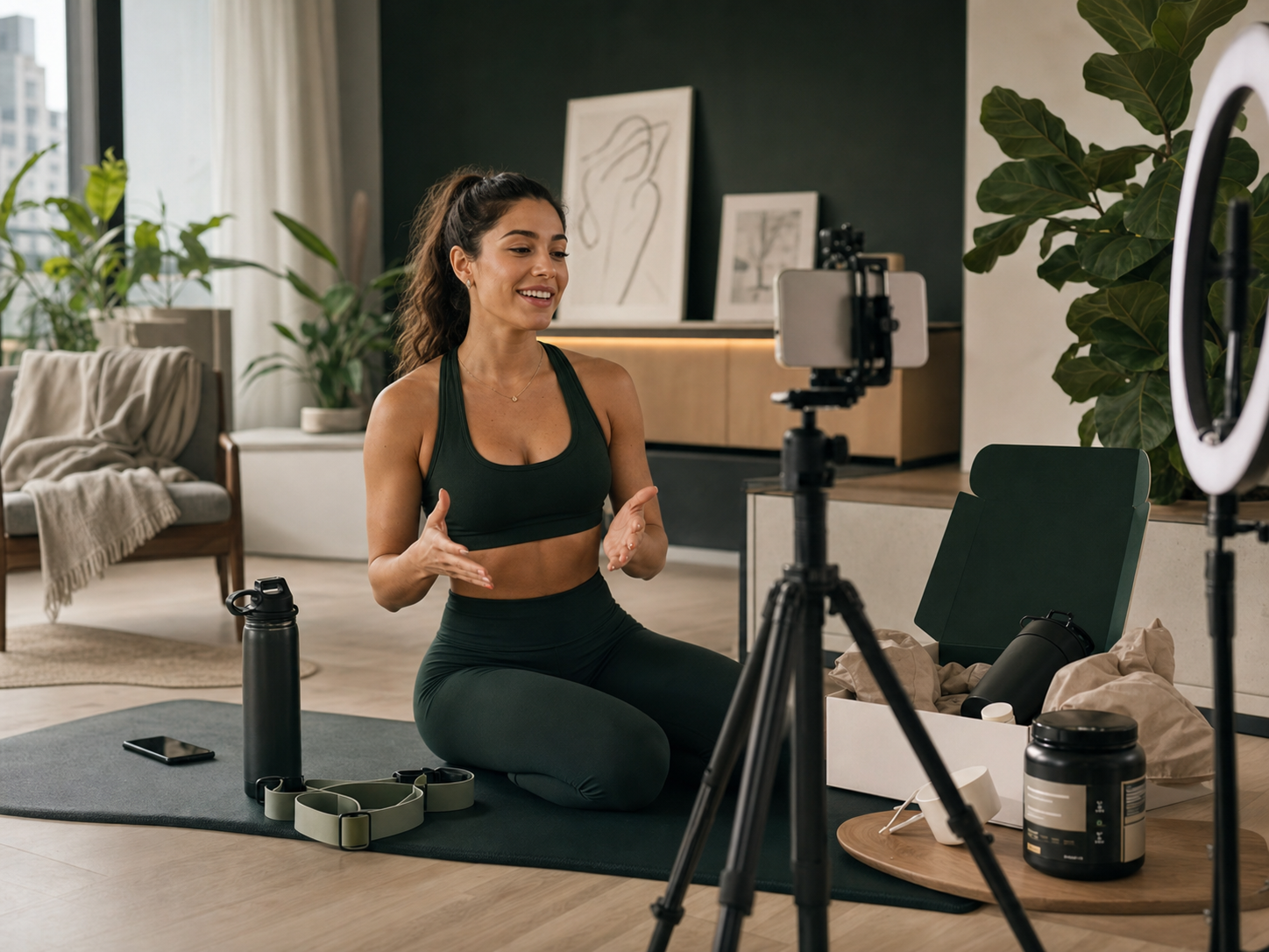 Wellness creator filming workout and nutrition products